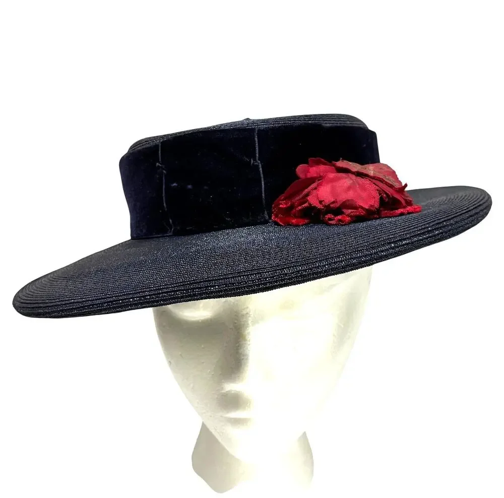 Vintage boater style ladies hat navy blue & faded red flower on velvet hatband - Picture 1 of 9